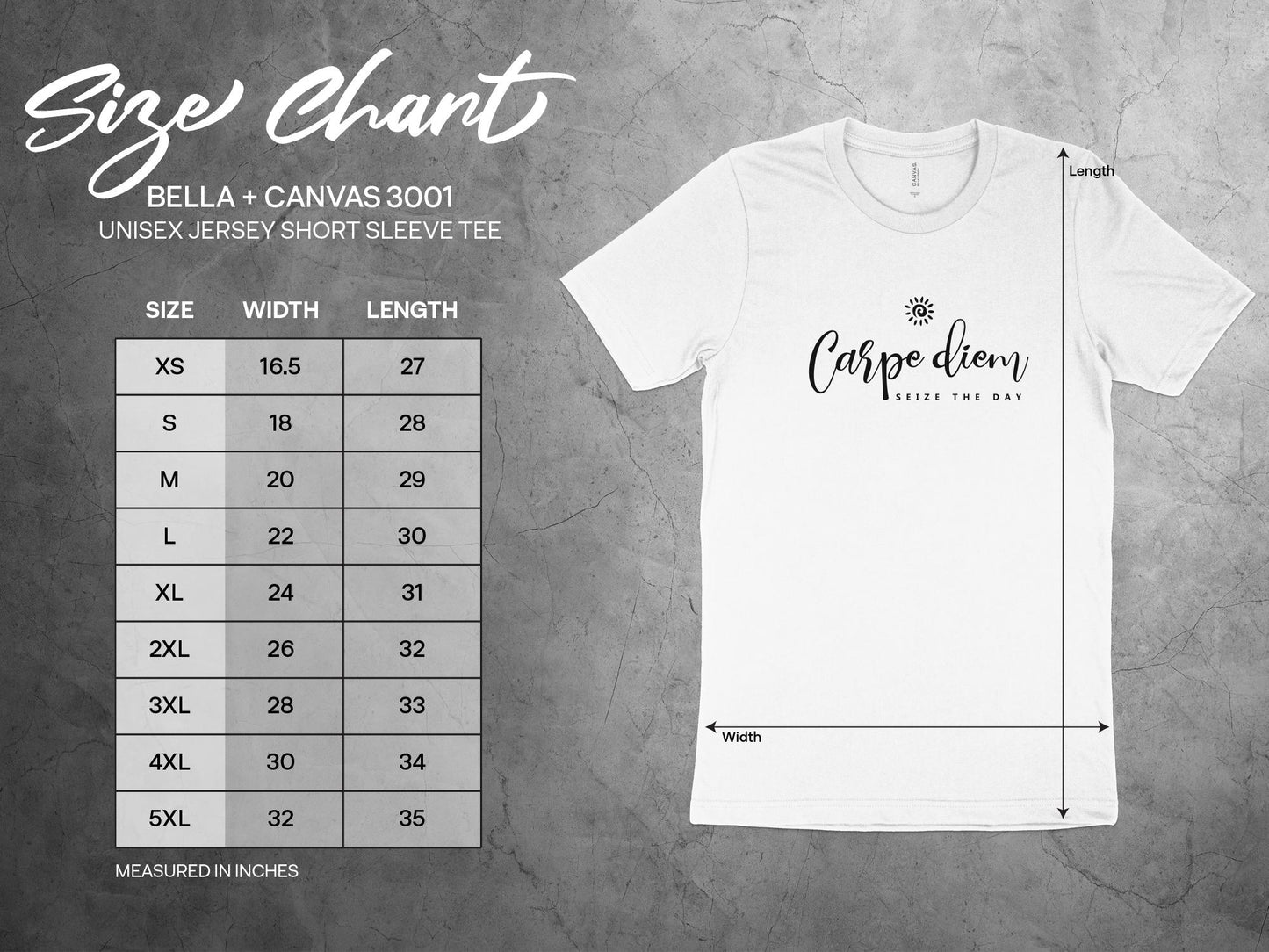 Carpe Diem Seize the Day Graphic T-Shirt Size Chart