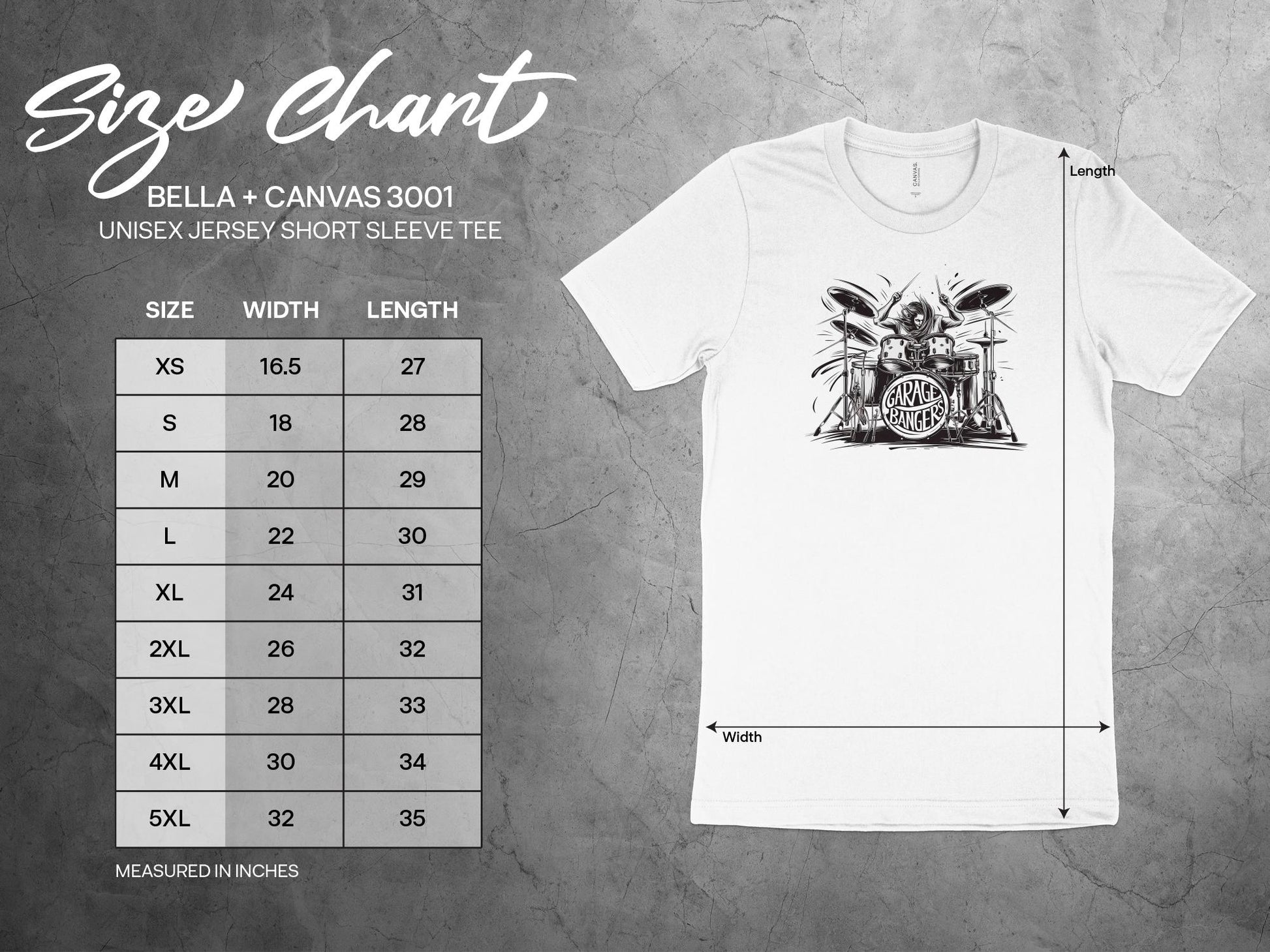 Garage Bangers T-Shirt Size Chart