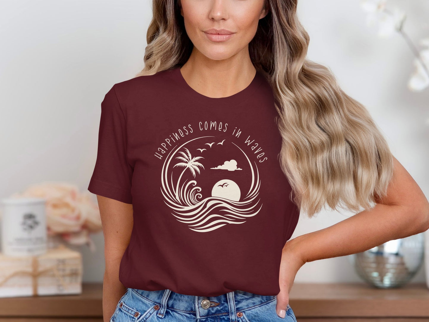 Happiness Comes In Waves T-Shirt Maroon