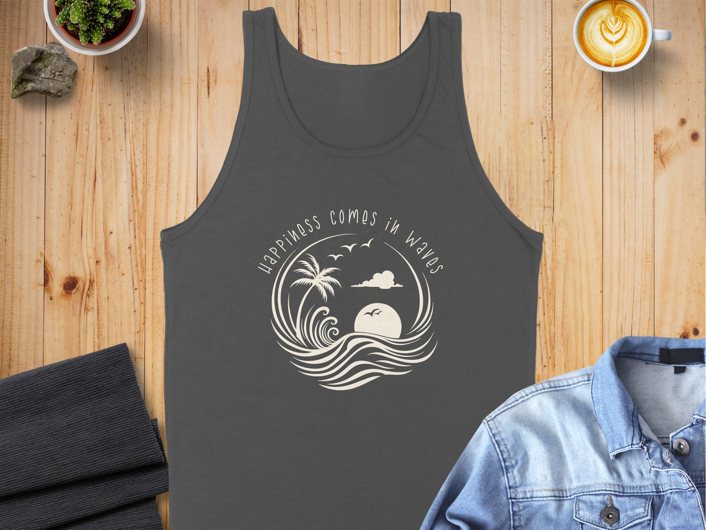 Happiness Comes in Waves Tank Top Charcoal