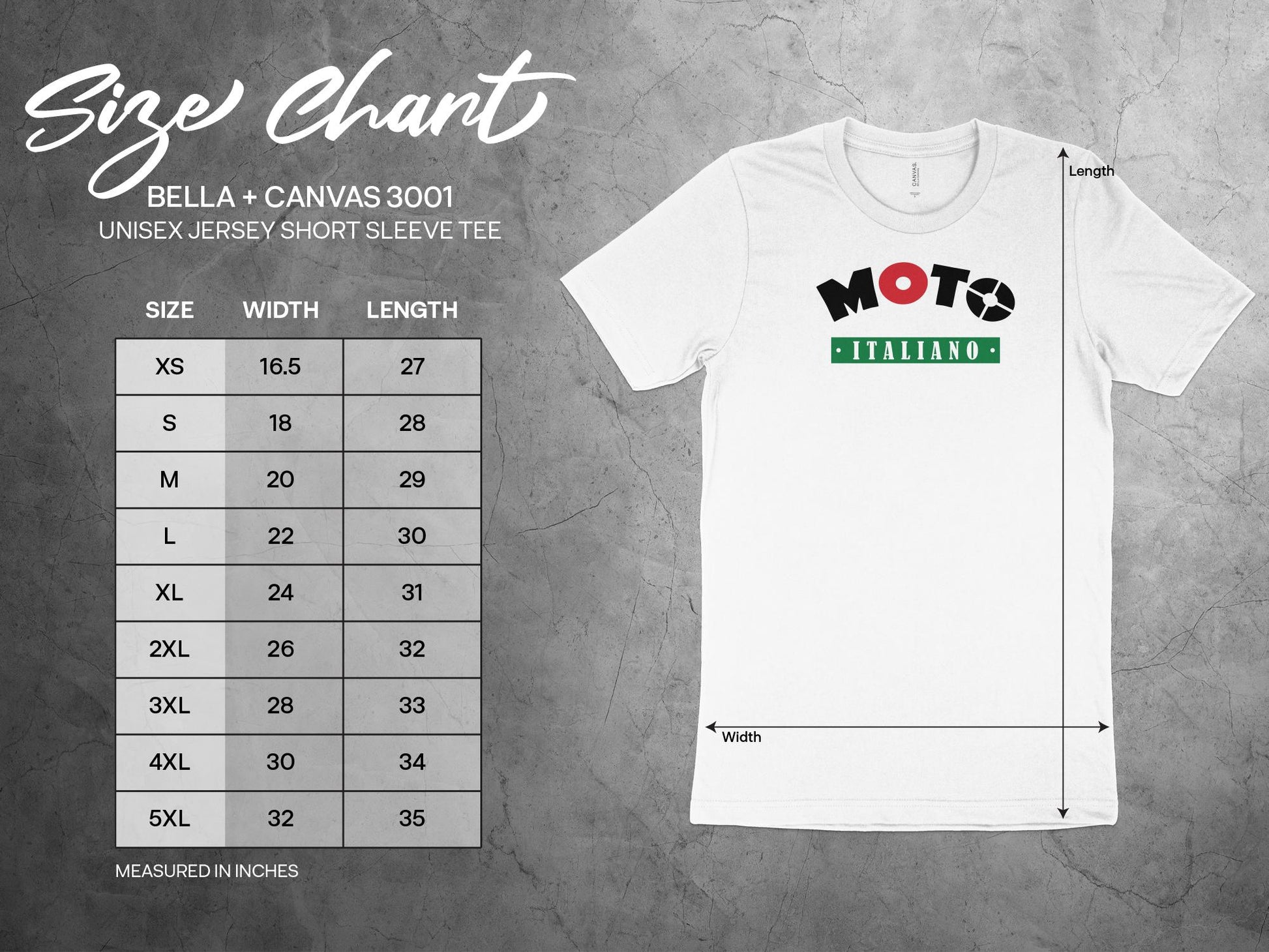 Moto Italiano T-Shirt Size Chart