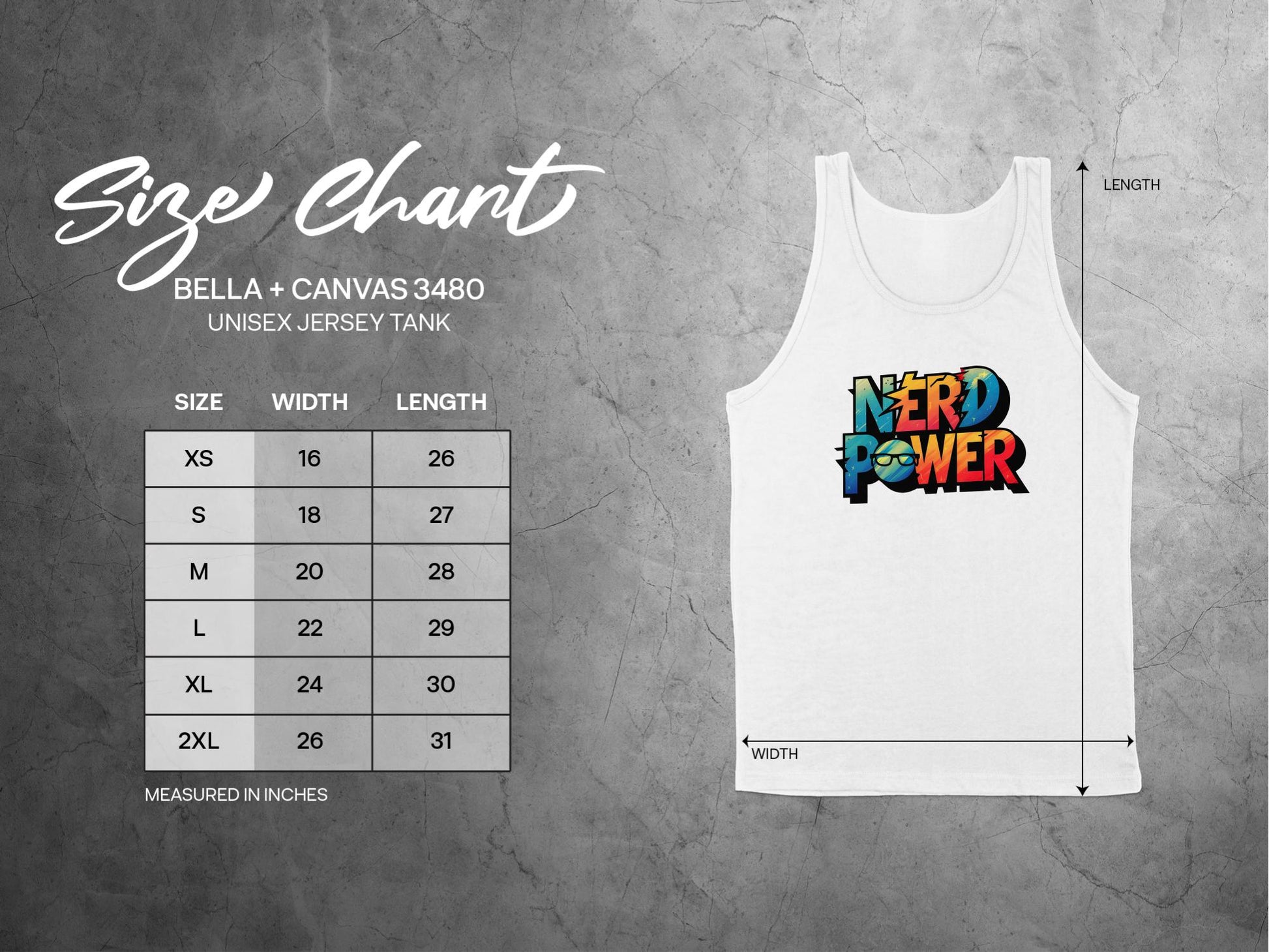 Nerd Power Tank Top Size Chart