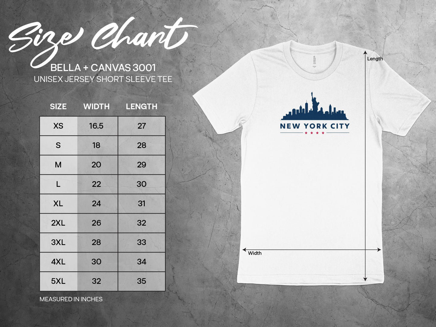 New York City T-Shirt Size Chart