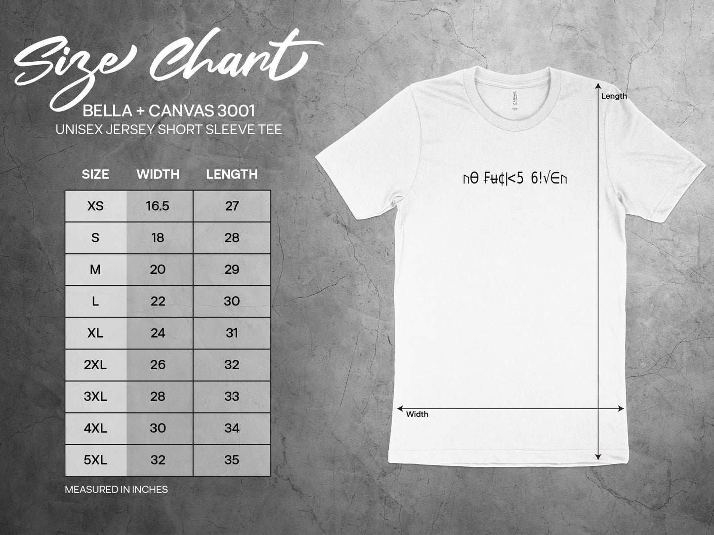 No Fcks Given T-Shirt Size Chart