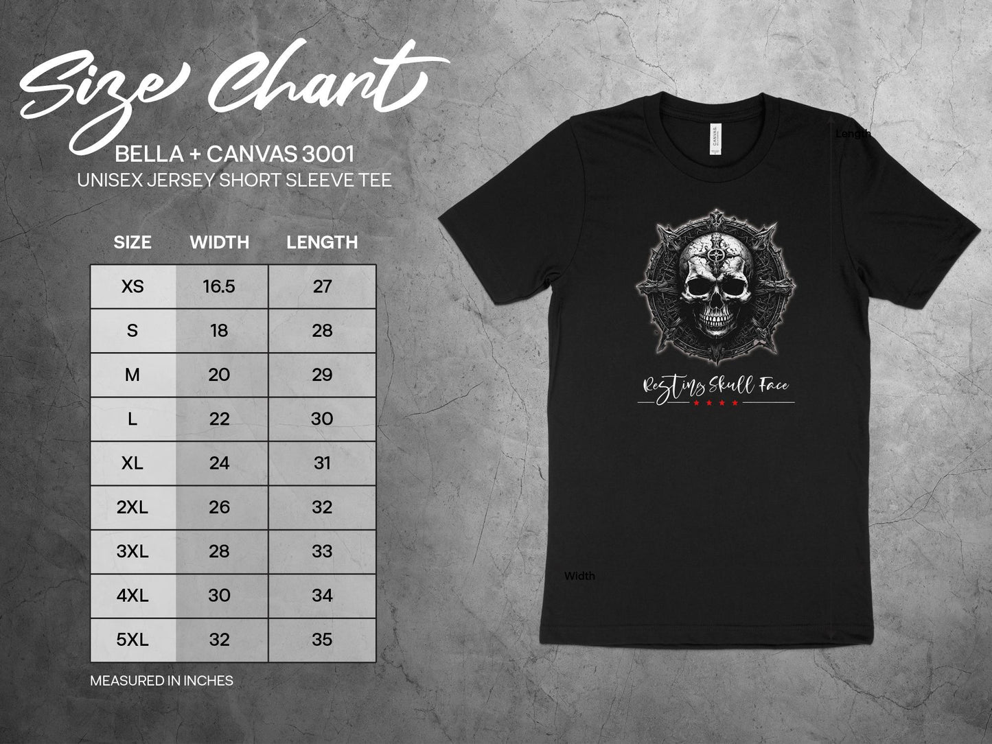 Resting Skull Face T-Shirt Size Chart