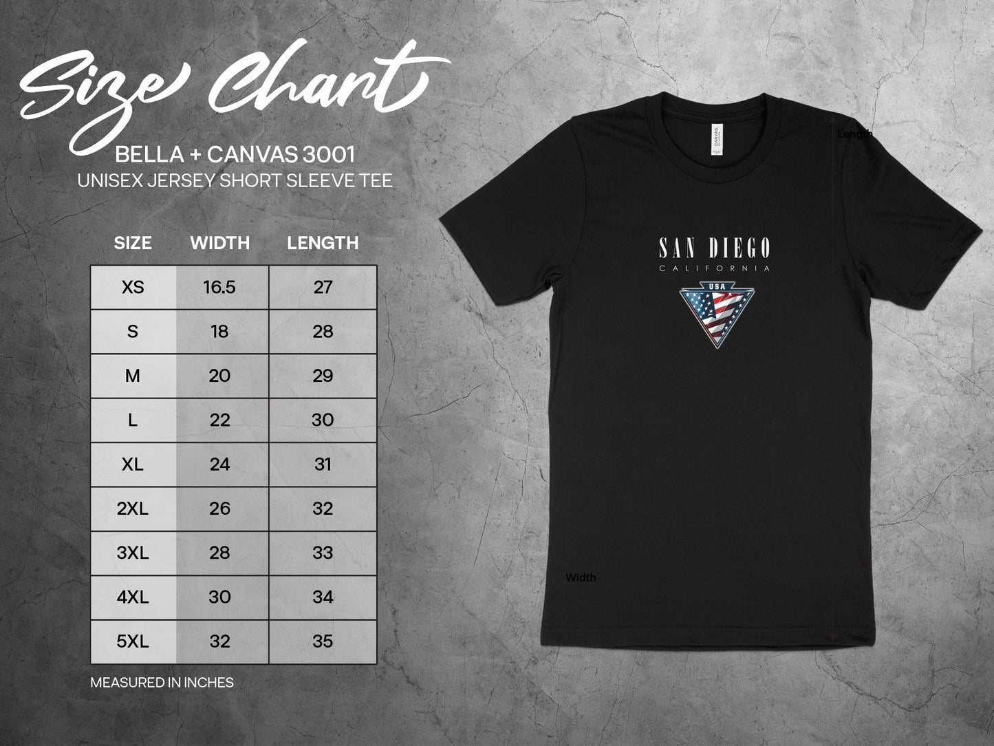 San Diego T-Shirt Size Chart