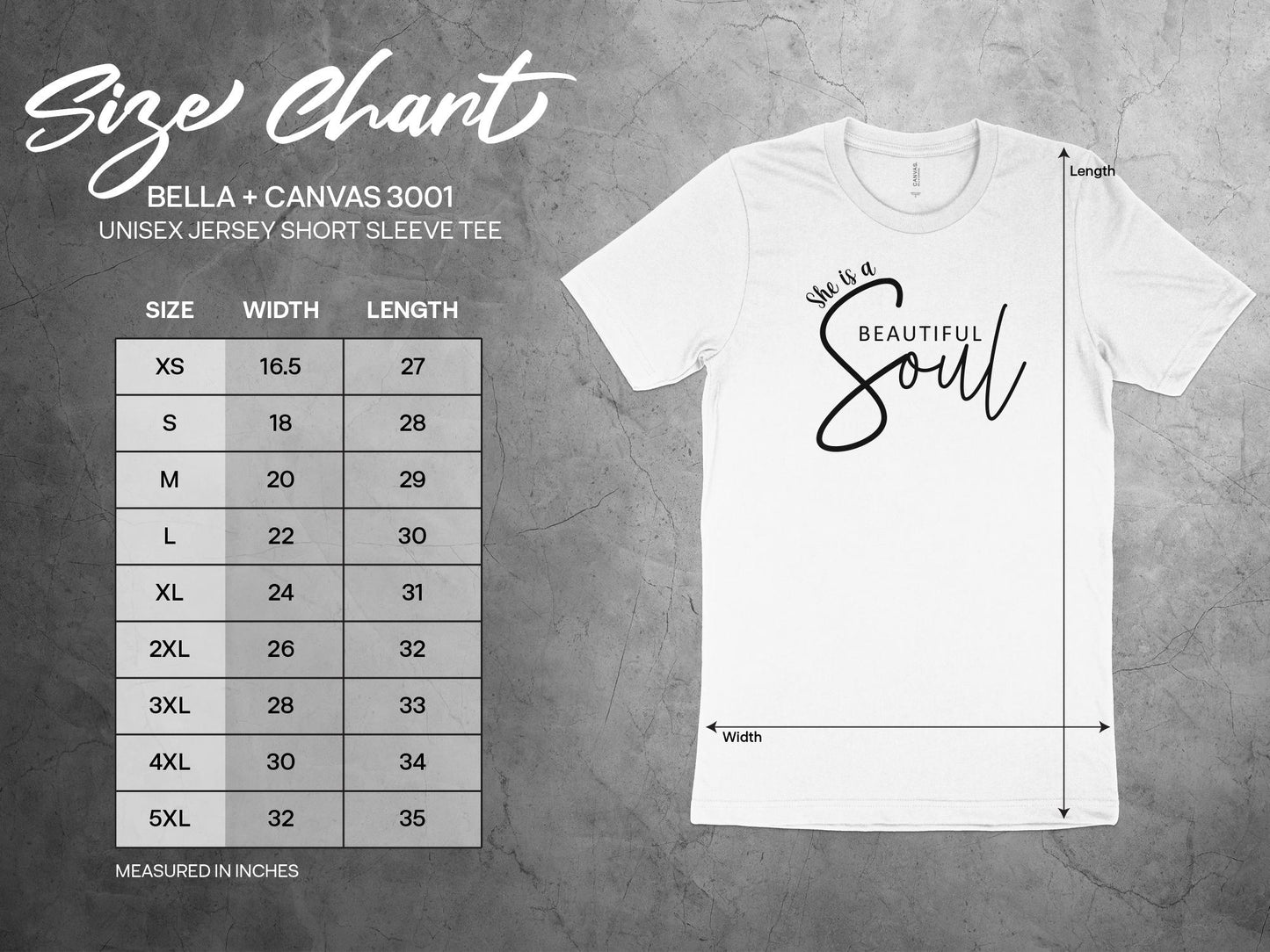 She is a Beautiful Soul T-Shirt Size Chart