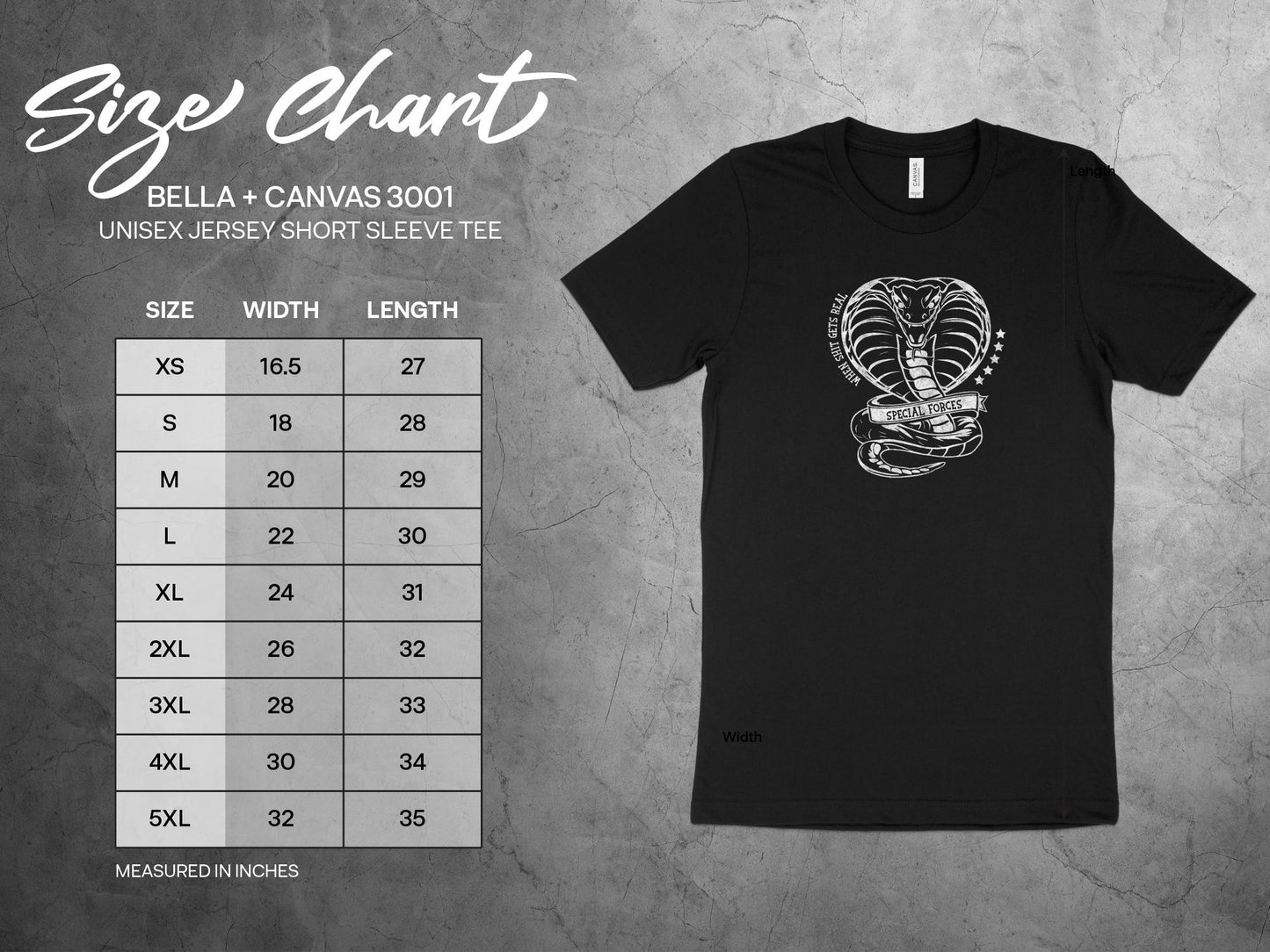 Special Forces Cobra Tee Size Chart