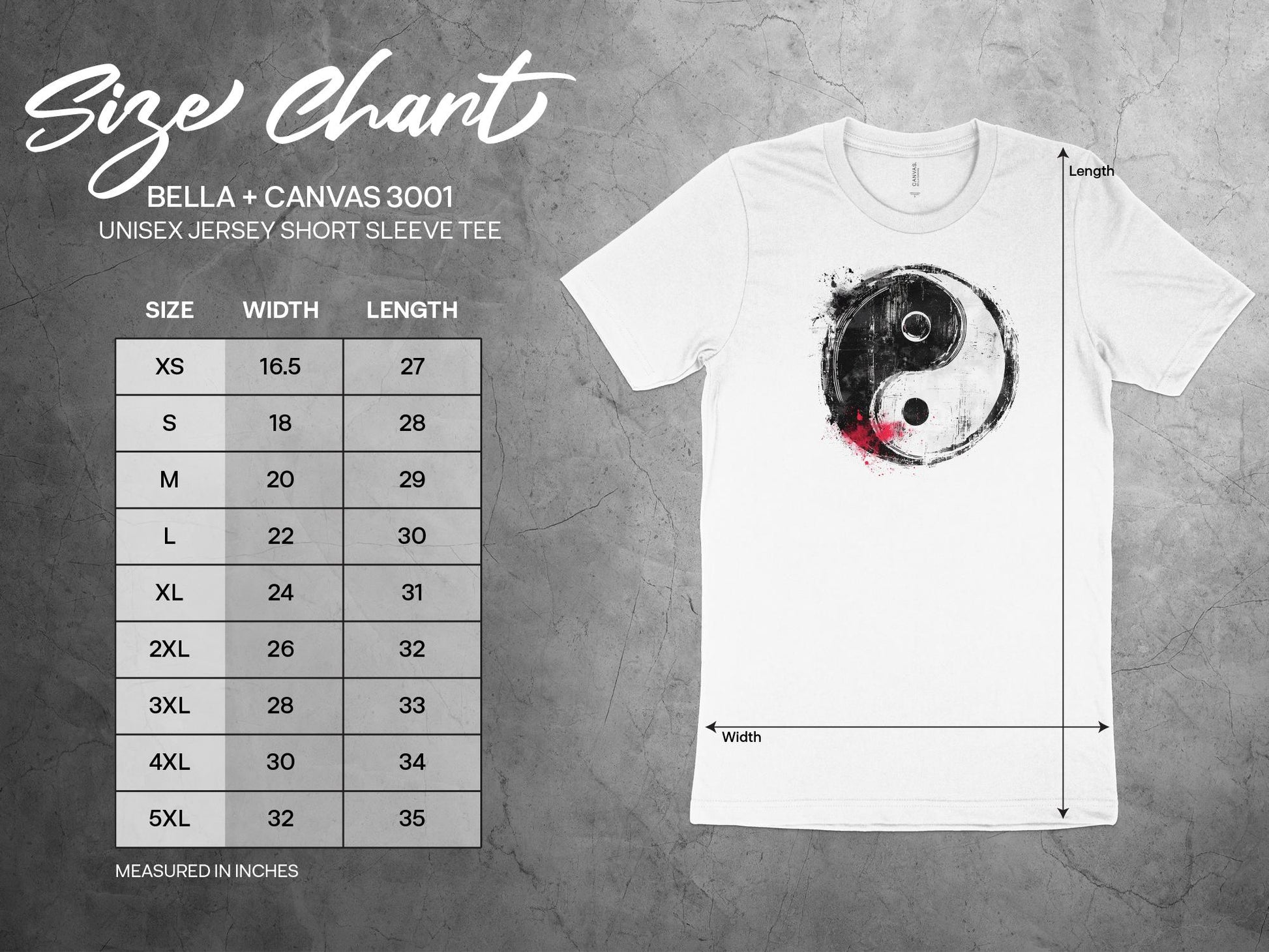 Yin and Yang T-Shirt Size Chart